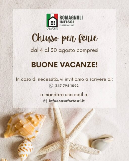 ☀️ È tempo di sole, relax e una piccola pausa!
Siamo chiusi per ferie dal 𝟎𝟒 𝐚𝐠𝐨𝐬𝐭𝐨 al 𝟑𝟎 𝐚𝐠𝐨𝐬𝐭𝐨 compresi.
𝐶𝑖 𝑟𝑖𝑣𝑒𝑑𝑖𝑎𝑚𝑜 𝑝𝑟𝑒𝑠𝑡𝑜, 𝑝𝑖𝑢̀ 𝑐𝑎𝑟𝑖𝑐ℎ𝑖 𝑐ℎ𝑒 𝑚𝑎𝑖!
Nel frattempo… buone vacanze a tutti! 🌊🌴🍦
_____________________
📱 347 7941092 | ☎️ 0564 417094
📧 info@casafortesrl.it
🌐 www.casafortesrl.it
