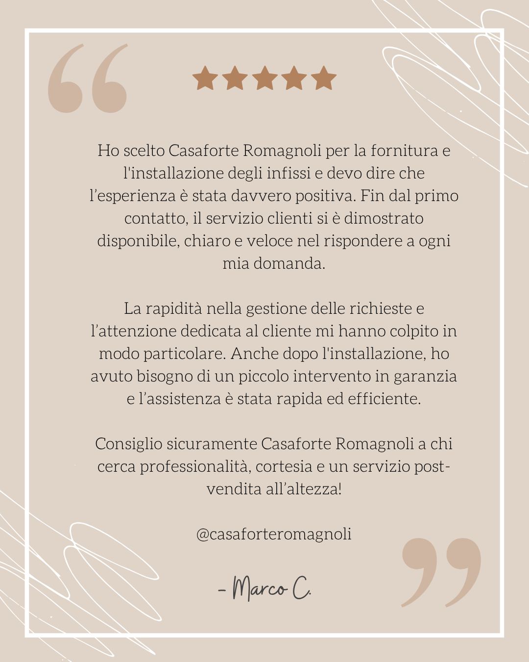 𝐿𝑎 𝑠𝑜𝑑𝑑𝑖𝑠𝑓𝑎𝑧𝑖𝑜𝑛𝑒 𝑑𝑒𝑖 𝑛𝑜𝑠𝑡𝑟𝑖 𝑐𝑙𝑖𝑒𝑛𝑡𝑖 𝑒̀ 𝑖𝑙 𝑚𝑖𝑔𝑙𝑖𝑜𝑟 𝑟𝑖𝑐𝑜𝑛𝑜𝑠𝑐𝑖𝑚𝑒𝑛𝑡𝑜 𝑑𝑒𝑙 𝑛𝑜𝑠𝑡𝑟𝑜 𝑙𝑎𝑣𝑜𝑟𝑜!
Grazie per le vostre parole e per scegliere Casaforte Romagnoli per dare nuova vita alla vostra casa.
Ogni progetto per noi è unico: dal primo contatto all’assistenza post-vendita, mettiamo sempre al centro le persone e la loro esperienza. 💪
Contattaci o visita il nostro sito per un preventivo personalizzato! 🔧🏠
______________________________
📍 Show Room: Largo Giubelli, 3 - GROSSETO
📞 Contatti: 347 7941092 - 0564 417094 - info@casafortesrl.it - www.casafortesrl.it
#CasaforteRomagnoli #RecensioniClienti #InfissiDiQualità #ClientiFelici #RecensioniPositive #Soddisfazione #FelicitàCondivisa #grosseto